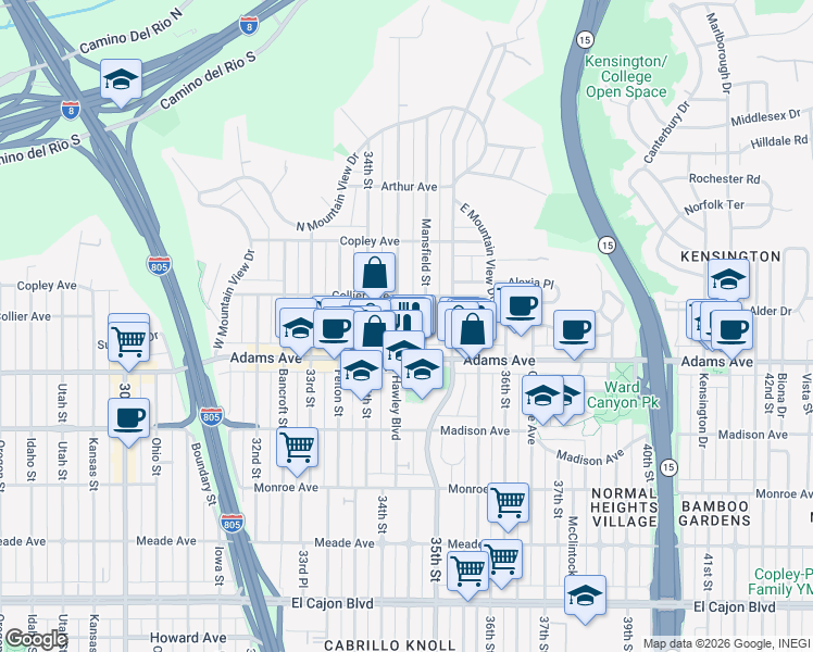 map of restaurants, bars, coffee shops, grocery stores, and more near 4743 Hawley Boulevard in San Diego