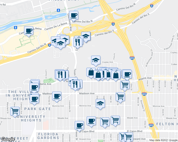 map of restaurants, bars, coffee shops, grocery stores, and more near 4784 Hamilton Street in San Diego