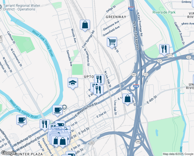 map of restaurants, bars, coffee shops, grocery stores, and more near 1315 Waterman Street in Fort Worth