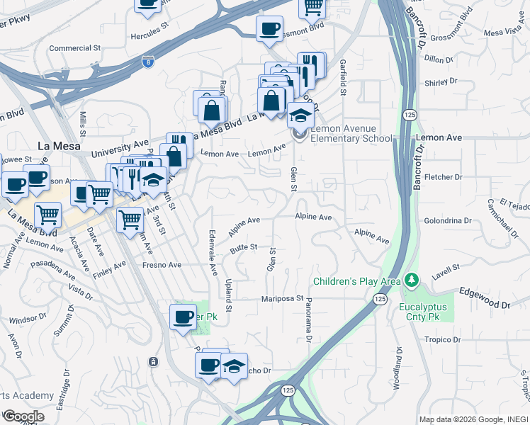 map of restaurants, bars, coffee shops, grocery stores, and more near 8648 Alpine Avenue in La Mesa