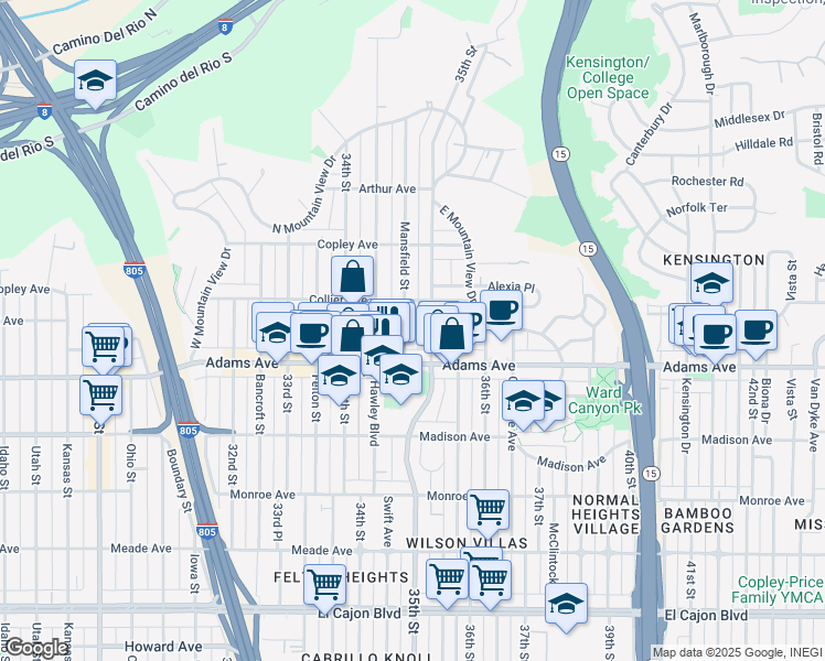 map of restaurants, bars, coffee shops, grocery stores, and more near 4751 Mansfield Street in San Diego