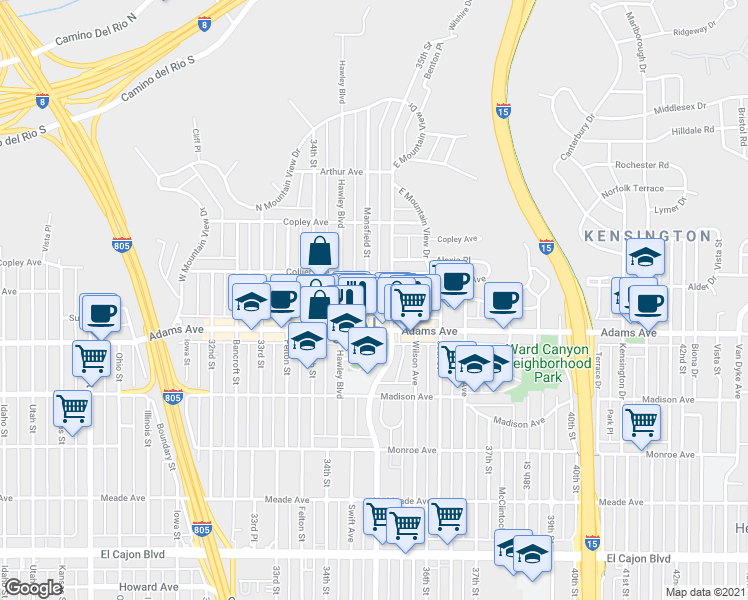 map of restaurants, bars, coffee shops, grocery stores, and more near 4751 Mansfield Street in San Diego