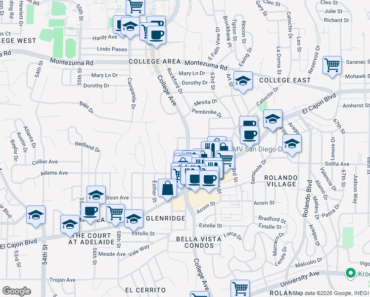 map of restaurants, bars, coffee shops, grocery stores, and more near 4766 College Avenue in San Diego