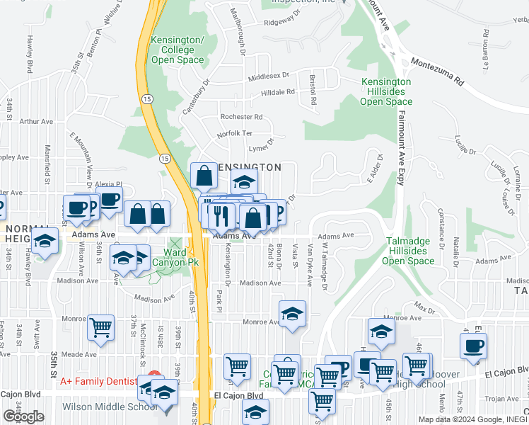 map of restaurants, bars, coffee shops, grocery stores, and more near 4743 Edgeware Road in San Diego