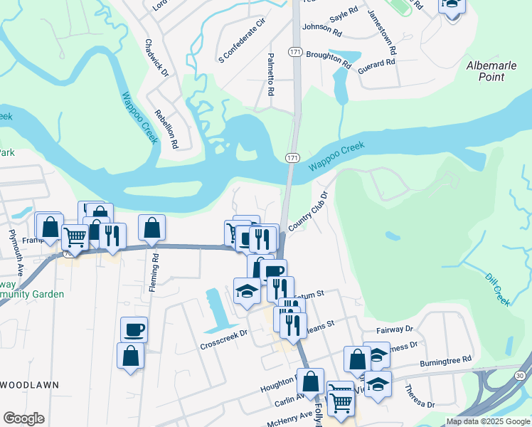 map of restaurants, bars, coffee shops, grocery stores, and more near 125C Wappoo Creek Drive in Charleston