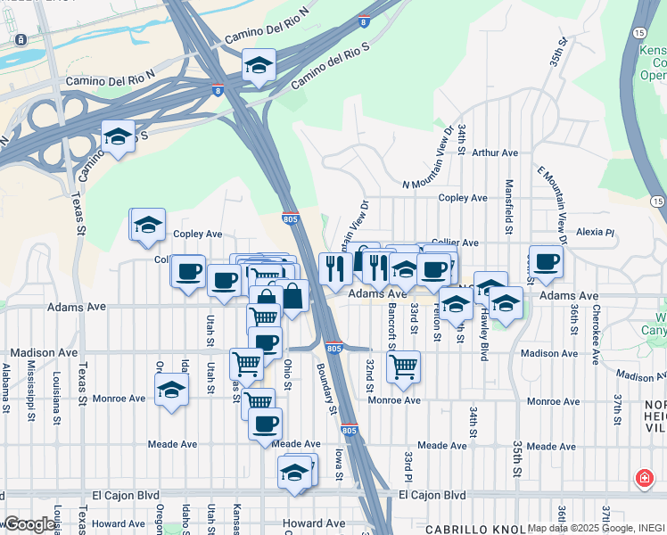 map of restaurants, bars, coffee shops, grocery stores, and more near 4712 Kenmore Terrace in San Diego