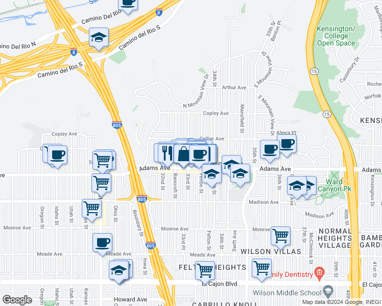 map of restaurants, bars, coffee shops, grocery stores, and more near 4745 33rd St in San Diego