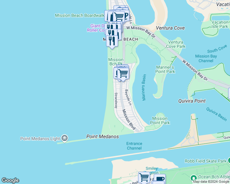 map of restaurants, bars, coffee shops, grocery stores, and more near 2847 Ocean Front Walk in San Diego