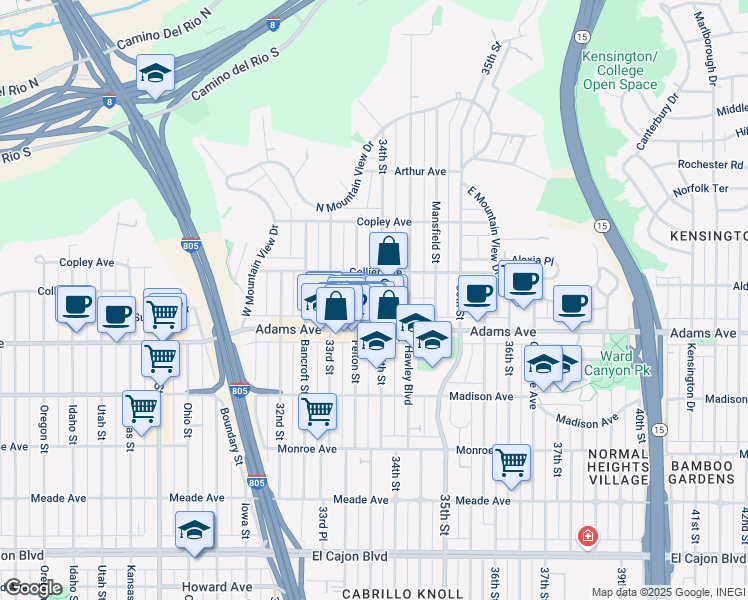 map of restaurants, bars, coffee shops, grocery stores, and more near 4740 34th Street in San Diego
