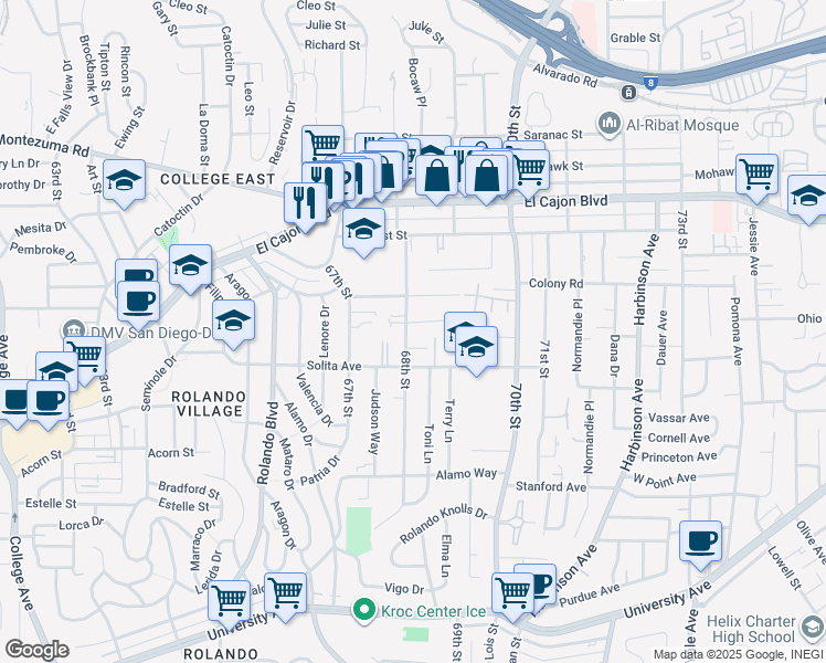map of restaurants, bars, coffee shops, grocery stores, and more near 4741 68th Street in La Mesa