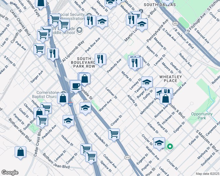 map of restaurants, bars, coffee shops, grocery stores, and more near 2505 Birmingham Avenue in Dallas