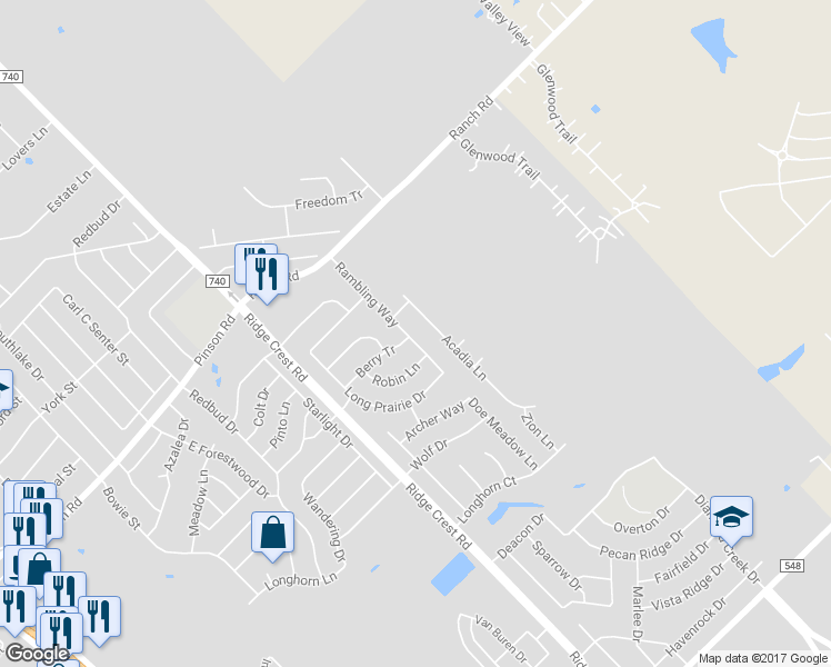 map of restaurants, bars, coffee shops, grocery stores, and more near 118 Rambling Way in Forney
