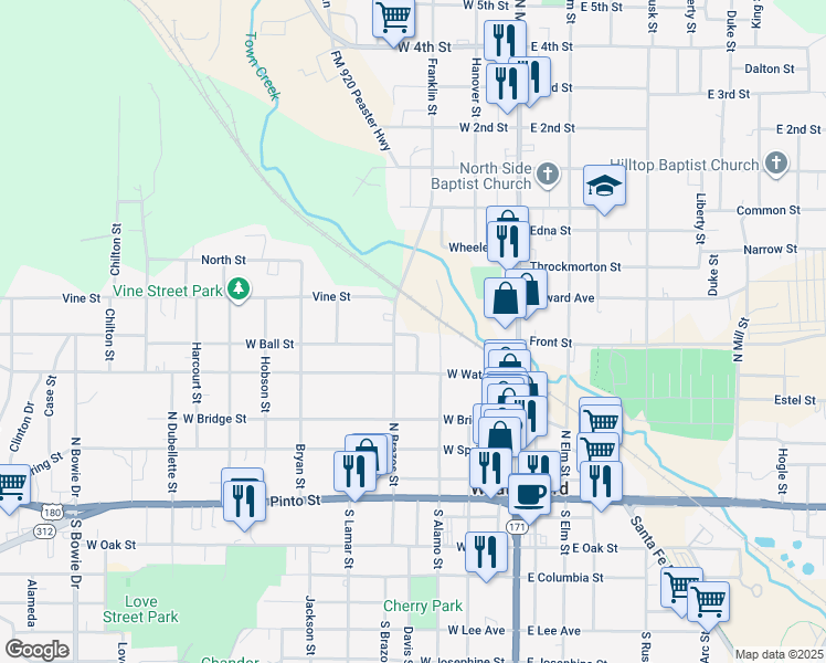 map of restaurants, bars, coffee shops, grocery stores, and more near 302 West Ball Street in Weatherford