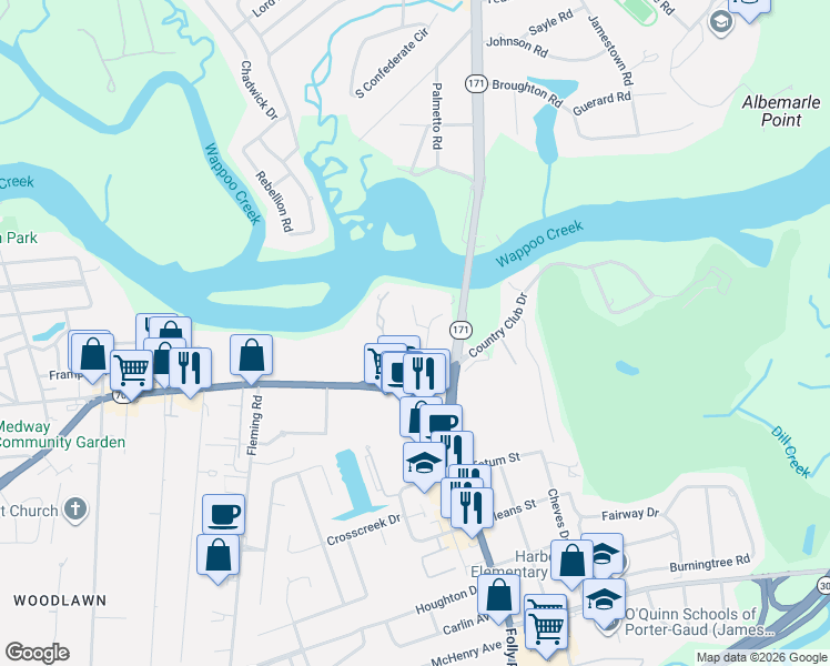 map of restaurants, bars, coffee shops, grocery stores, and more near 125C Wappoo Creek Drive in Charleston