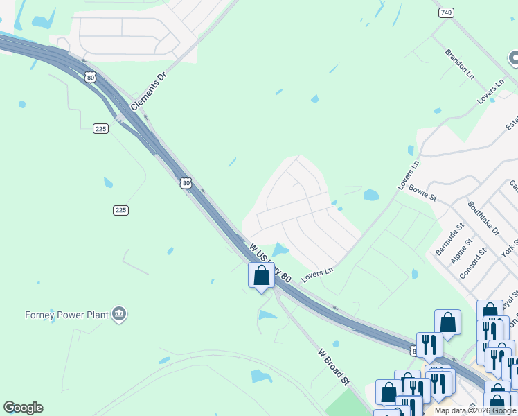 map of restaurants, bars, coffee shops, grocery stores, and more near 108 Stone Street in Forney