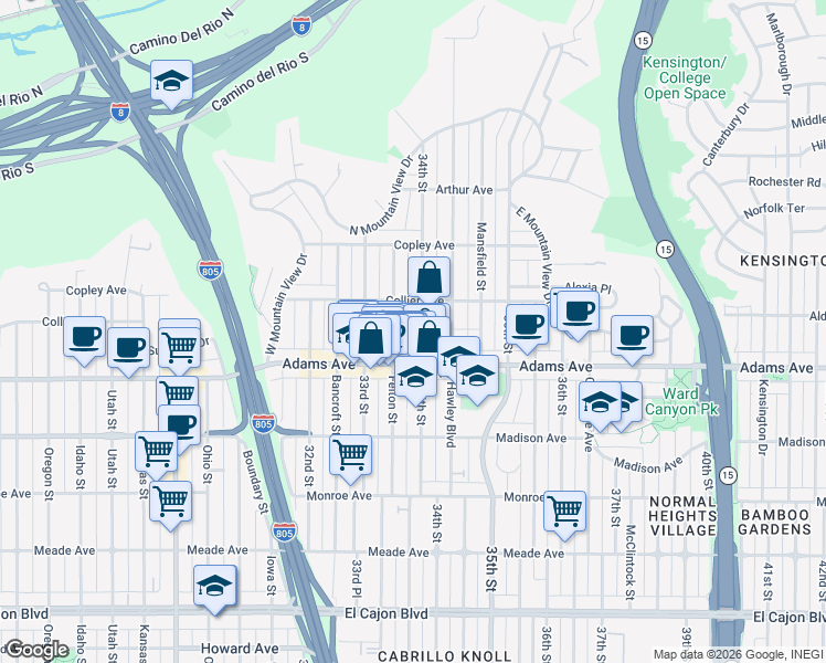 map of restaurants, bars, coffee shops, grocery stores, and more near 4740 34th Street in San Diego