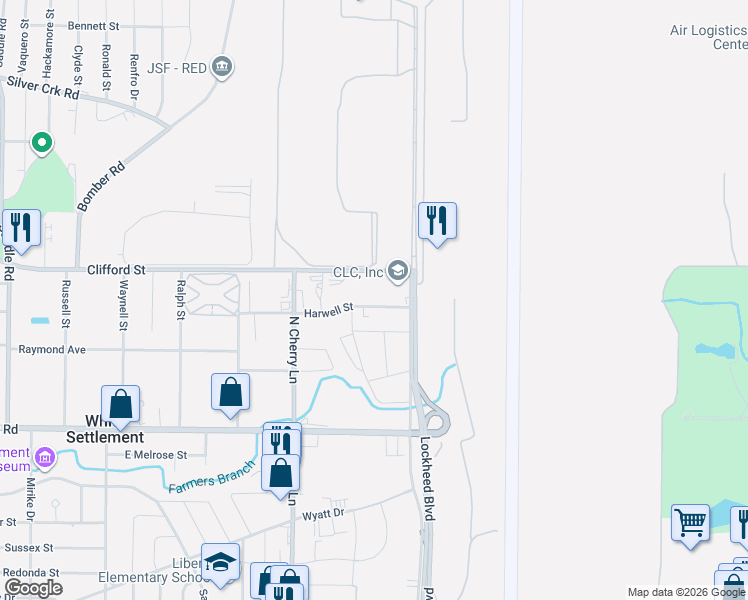 map of restaurants, bars, coffee shops, grocery stores, and more near 7628 Harwell Street in White Settlement