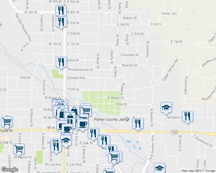 map of restaurants, bars, coffee shops, grocery stores, and more near 421 Front Street in Weatherford