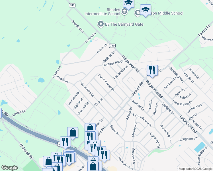 map of restaurants, bars, coffee shops, grocery stores, and more near 509 Carl C Senter Street in Forney