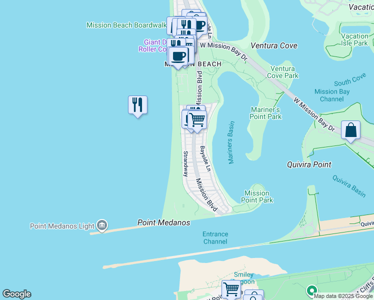 map of restaurants, bars, coffee shops, grocery stores, and more near 2847 Strandway in San Diego
