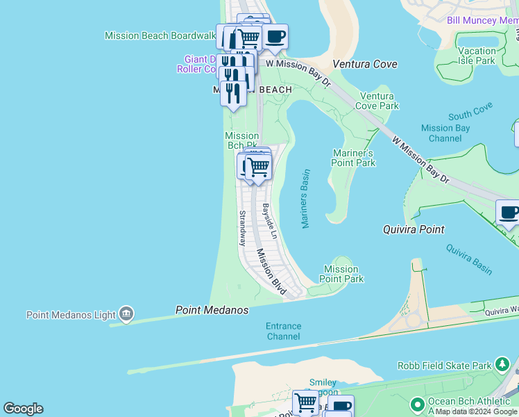 map of restaurants, bars, coffee shops, grocery stores, and more near 807 Coronado Court in San Diego