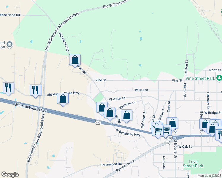 map of restaurants, bars, coffee shops, grocery stores, and more near 1438 West Ball Street in Weatherford