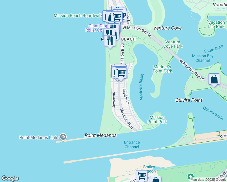 map of restaurants, bars, coffee shops, grocery stores, and more near 2847 Strandway in San Diego