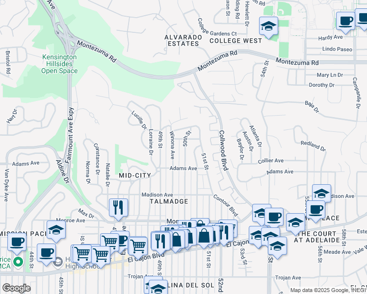 map of restaurants, bars, coffee shops, grocery stores, and more near 4770 50th St in San Diego