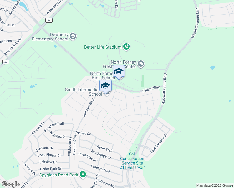 map of restaurants, bars, coffee shops, grocery stores, and more near 3013 Shetland Street in Forney