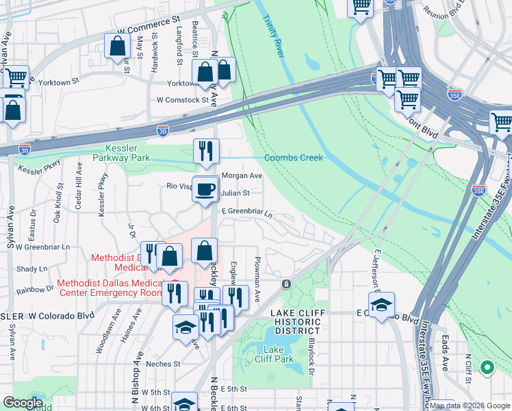 map of restaurants, bars, coffee shops, grocery stores, and more near 223 East Greenbriar Lane in Dallas