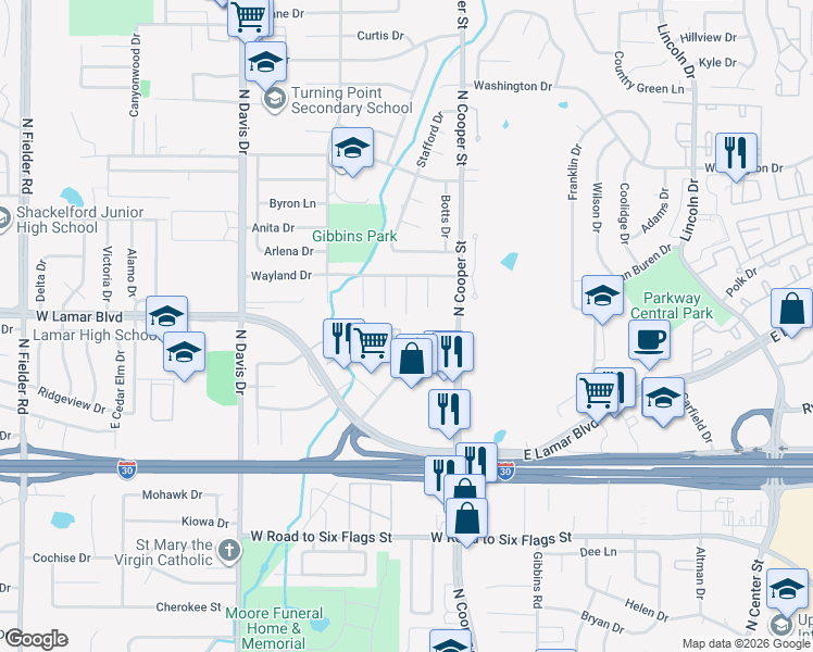 map of restaurants, bars, coffee shops, grocery stores, and more near 1901 Cleburn Drive in Arlington