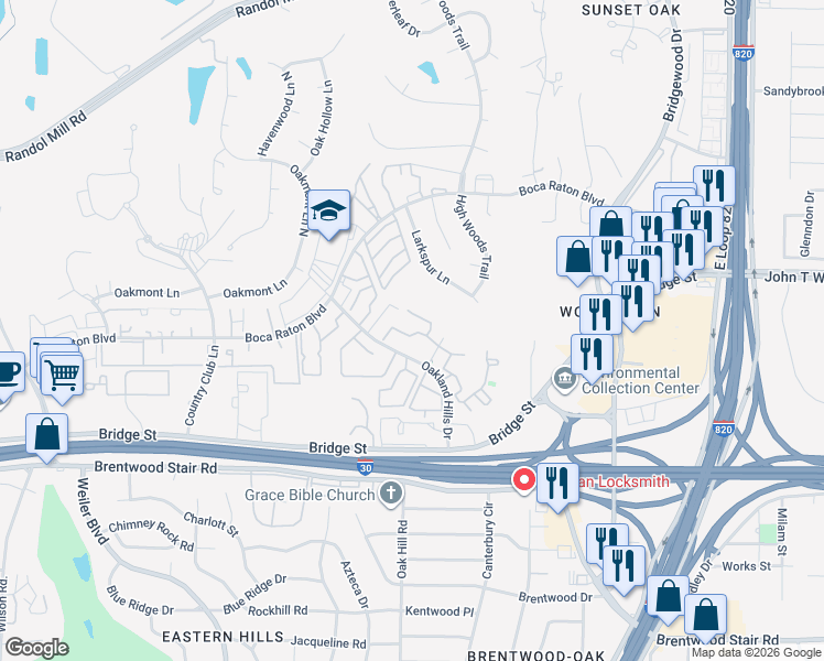 map of restaurants, bars, coffee shops, grocery stores, and more near 6005 Oakland Bend Drive in Fort Worth