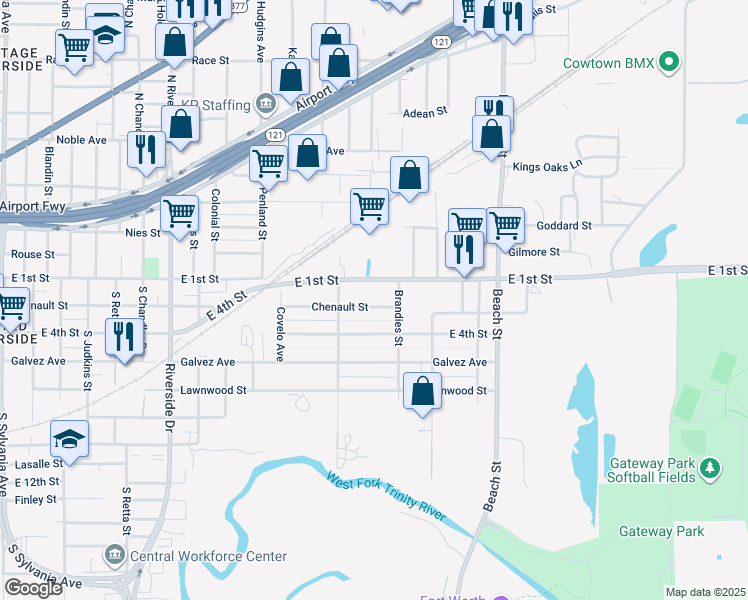 map of restaurants, bars, coffee shops, grocery stores, and more near 3733 Chenault Street in Fort Worth