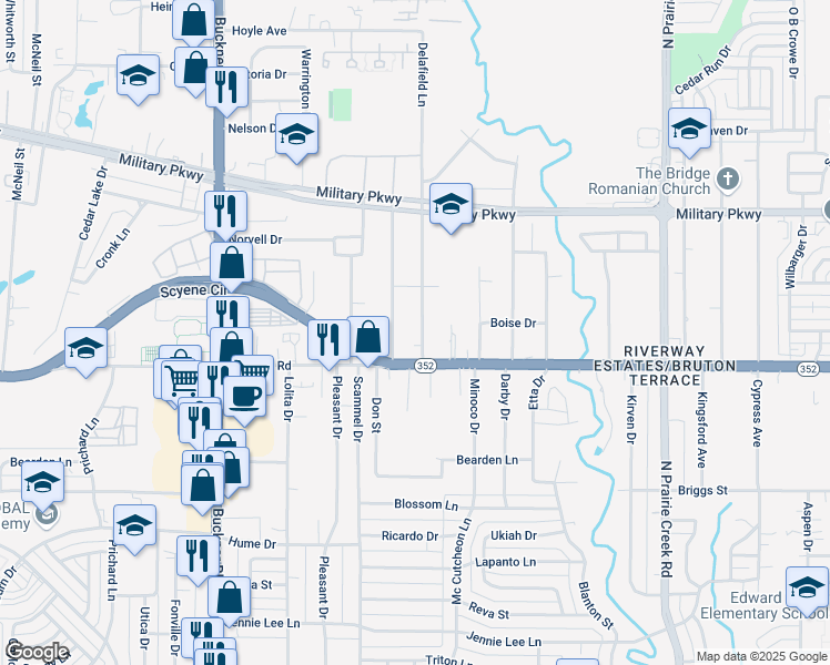 map of restaurants, bars, coffee shops, grocery stores, and more near 3111 Delafield Lane in Dallas