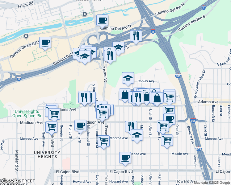 map of restaurants, bars, coffee shops, grocery stores, and more near 4780 Arizona Street in San Diego