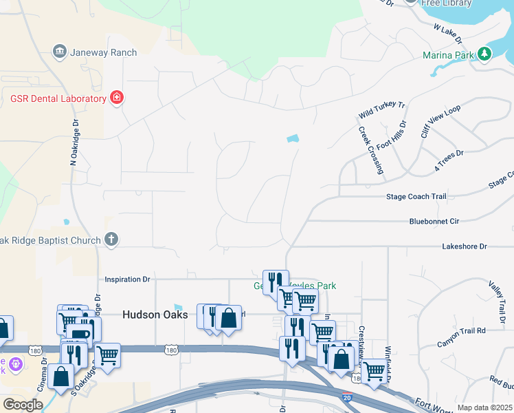 map of restaurants, bars, coffee shops, grocery stores, and more near 208 Timber Trail in Weatherford