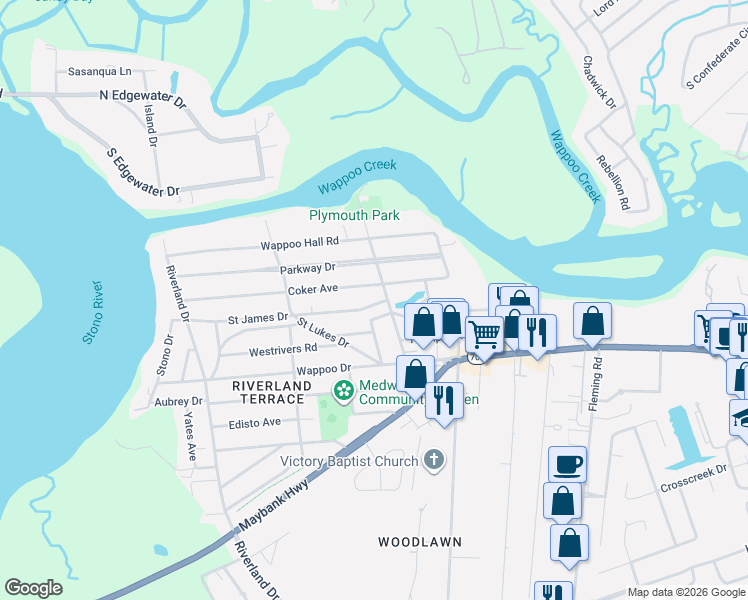 map of restaurants, bars, coffee shops, grocery stores, and more near 2062 Saint James Drive in Charleston