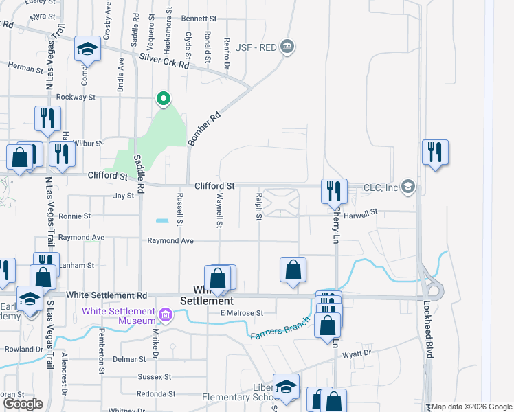 map of restaurants, bars, coffee shops, grocery stores, and more near 412 Blair Street in White Settlement