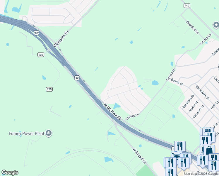 map of restaurants, bars, coffee shops, grocery stores, and more near 108 Stone Street in Forney