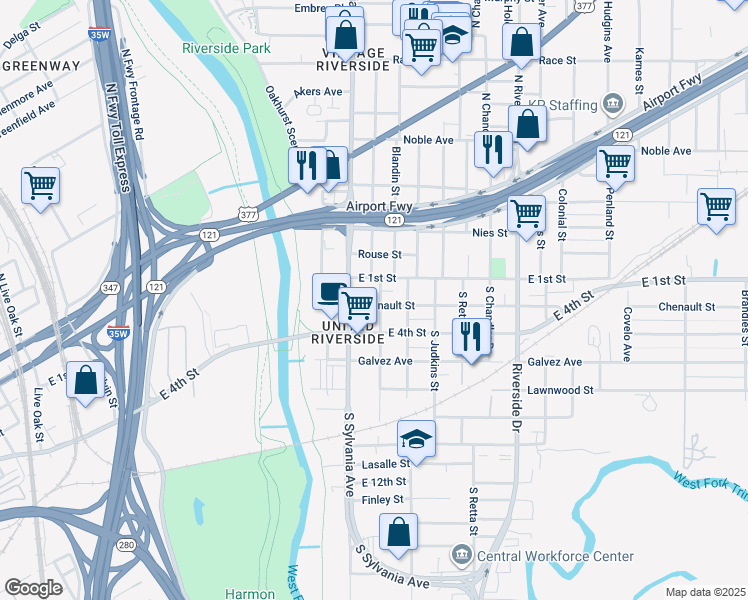 map of restaurants, bars, coffee shops, grocery stores, and more near 120 Paradise Street in Fort Worth
