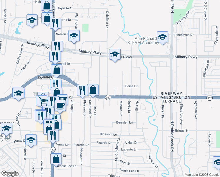 map of restaurants, bars, coffee shops, grocery stores, and more near 3111 Delafield Lane in Dallas