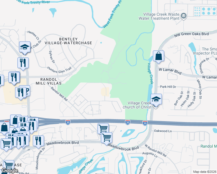 map of restaurants, bars, coffee shops, grocery stores, and more near 8957 Creek Run Road in Fort Worth