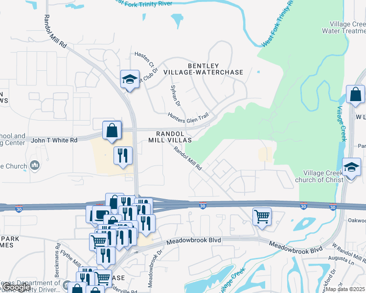 map of restaurants, bars, coffee shops, grocery stores, and more near 8710 Winding Lane in Fort Worth