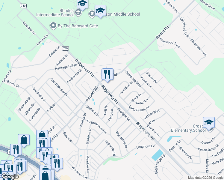 map of restaurants, bars, coffee shops, grocery stores, and more near 604 Tumbleweed Drive in Forney