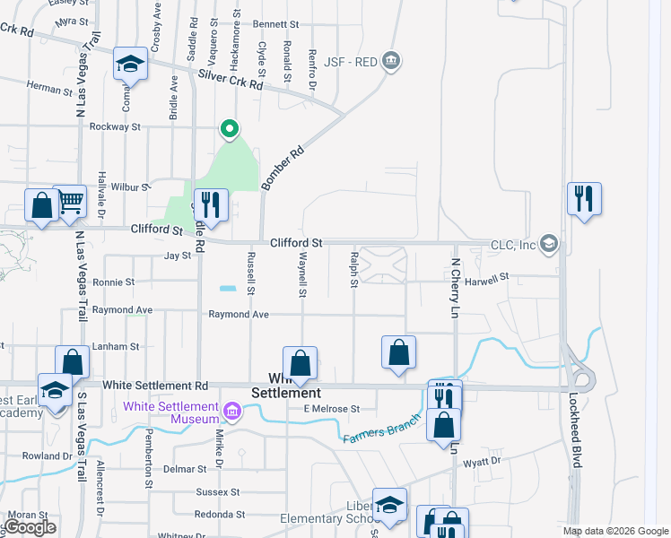 map of restaurants, bars, coffee shops, grocery stores, and more near 412 Blair Street in White Settlement
