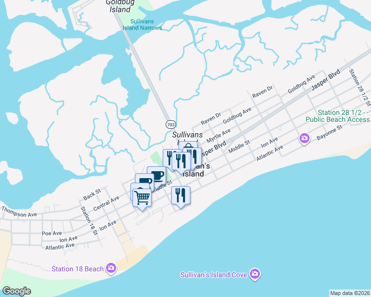 map of restaurants, bars, coffee shops, grocery stores, and more near in Sullivan's Island
