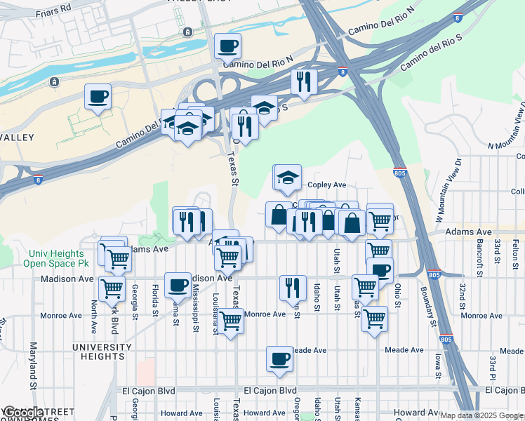 map of restaurants, bars, coffee shops, grocery stores, and more near 4780 Arizona Street in San Diego