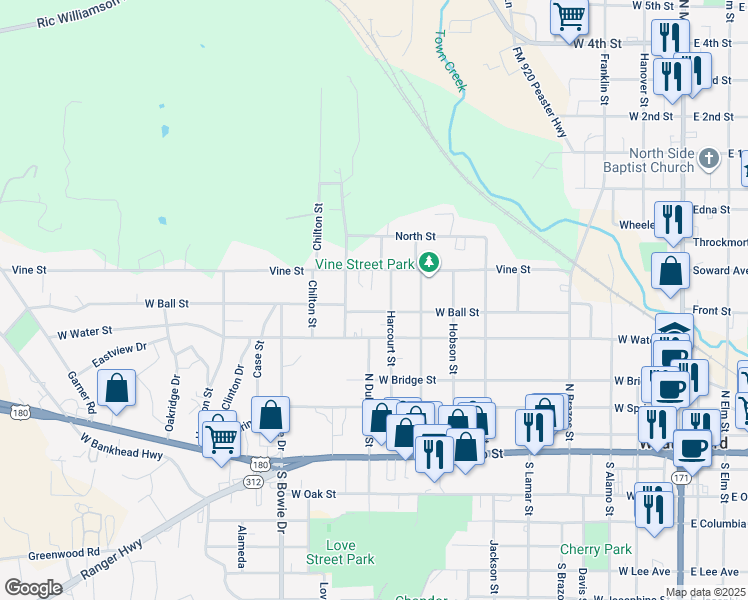 map of restaurants, bars, coffee shops, grocery stores, and more near 911 Vine Street in Weatherford