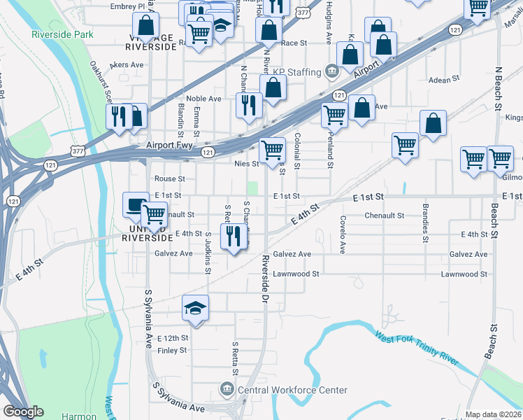 map of restaurants, bars, coffee shops, grocery stores, and more near 120 Riverside Drive in Fort Worth