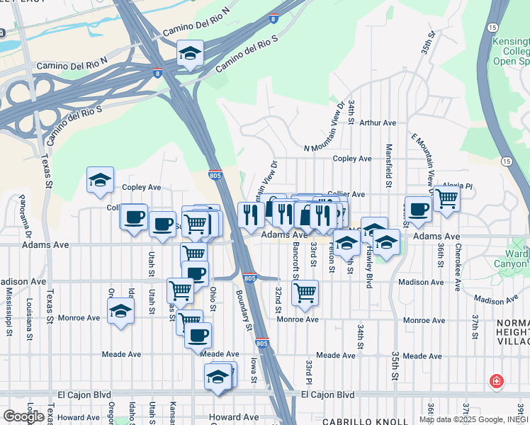 map of restaurants, bars, coffee shops, grocery stores, and more near 4757 West Mountain View Drive in San Diego